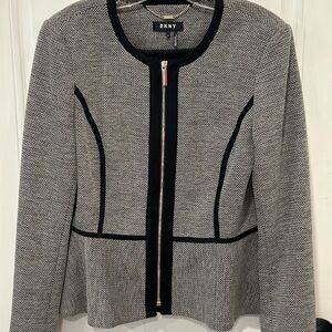 DKNY Women’s Structured Modern Zip Blazer Peplum Jacket Sz 8 Tweed Black White